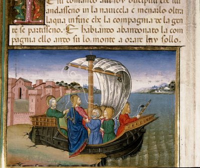 Jesus sagt den Aposteln, sie sollen mit dem Boot nach Kapernaum fahren, während er auf den Berg geht, um zu beten. Miniatur von Cristoforo De Predis (1440-1486) nach der Geschichte des Neuen Testaments von Cristoforo De Predis
