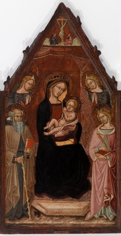 Jungfrau und Kind mit zwei Engeln und den Heiligen Antonius Abt und Katharina von Alexandria und die Kreuzigung von Cristoforo di Bindoccio, Meo