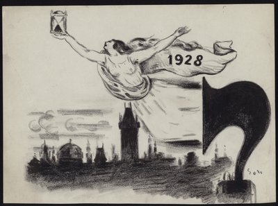 Weibliche Figur mit einer Sanduhr über der Silhouette von Prag von Czech School
