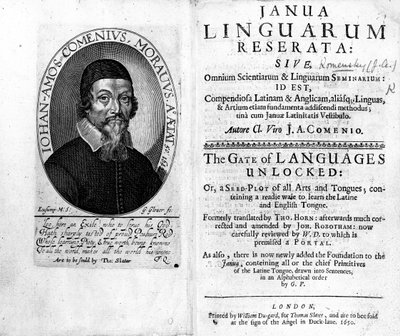 Frontispiz und Titelseite zu Janua Linguarum Reserata mit einem Porträt von Jan Amos Komensky, graviert von George Glover, 1650 von Czech School