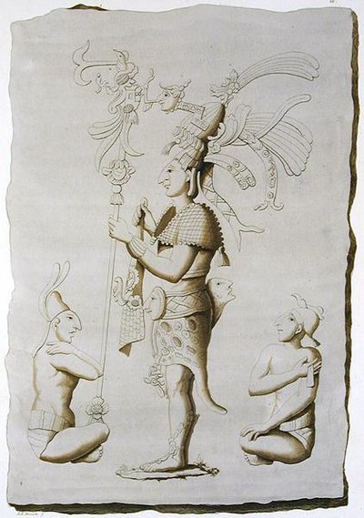 Ein König, Skulptur aus dem Palast, Palenque, Chiapas, Mexiko (Farbstich) von D.K. (after) Bonatti