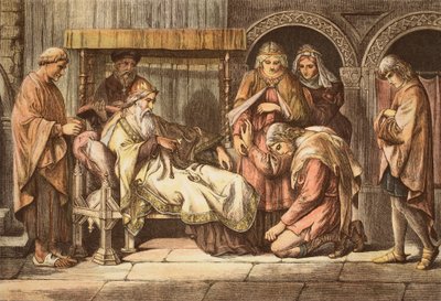 Harold, der von der Normandie zurückkehrt, stellt sich Edward dem Bekenner vor, graviert von JD Cooper von Daniel Maclise