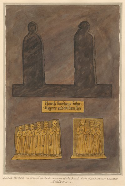 Messingplatten auf einem unbekannten Grab im Boden des südlichen Seitenschiffs aus der Hillingdon Kirche von Daniel Lysons