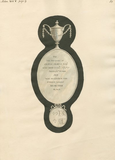Gedenkstätte für Crayle Cayle aus der Kirche von Acton von Daniel Lysons