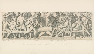Harold, der Eroberer, bei Stamford, und verwundet, sitzt bei einem Bankett in York. Ein Herold kündigt die Landung von Herzog Wilhelm an von Daniel Maclise