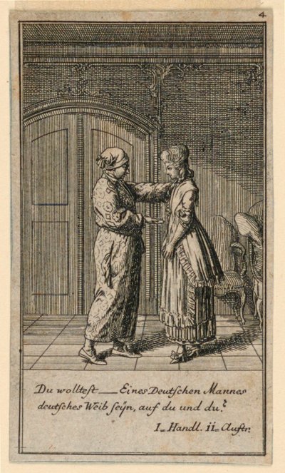 Ein Vater oder Vormund spricht mit einem Mädchen, Illustration des Stücks "Nicht mehr als sechs Schüsseln" von Friedrich Wilhelm Grossmann in "Königl: Grosbrit [anische] Genealogischer Kalender auf das 1782 Jahr Lauenberg bey J.G. Berenberg" von Daniel Nikolaus Chodowiecki