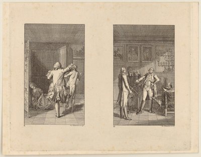 Baron jagt Candide zum Schloss hinaus [links]; Candide, Kunigunde und die Alte vor dem Stadthalter von Buenos Aires [rechts] von Daniel Nikolaus Chodowiecki