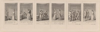 Blätter 7, 6, 9, 4, 11 und 2 von 12 zu Aug. von Kotzebues "Die Indianer in England" von Daniel Nikolaus Chodowiecki