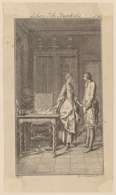 Bunkel in Miss Henriette Noels Bibliothek, Blatt 1 aus "Leben Bemerkungen und Meinungen Johann Bunkels" von Daniel Nikolaus Chodowiecki
