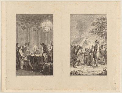 Candide bei einer Schauspielerin [links]; Candide in Norwegen [rechts] von Daniel Nikolaus Chodowiecki