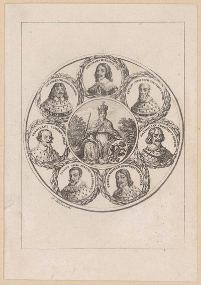 Germania mit den Porträts des Kaisers Ferdinand III. und sechs Kurfürsten aus der Zeit des 30-jährigen Krieges von Daniel Nikolaus Chodowiecki