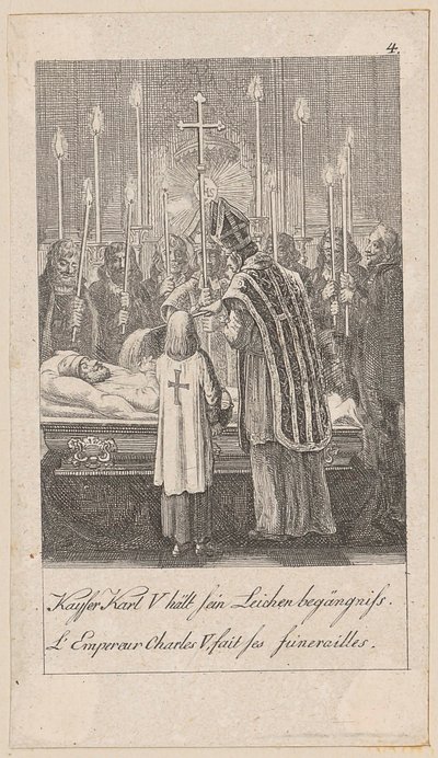 Kaiser Karl V. hält sein Leichenbegängnis, Blatt 4 der Folge "Ältere, mittlere und neuere Geschichte" von Daniel Nikolaus Chodowiecki