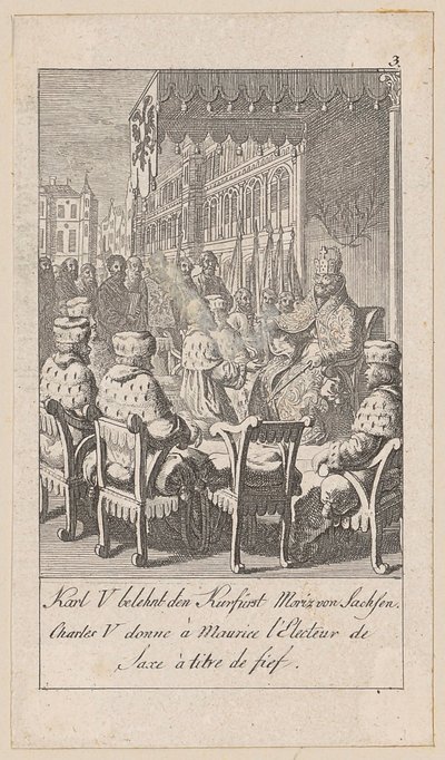 Karl V belehnt den Kurfürsten Moritz von Sachsen, Blatt 3 der Folge "Ältere, mittlere und neuere Geschichte" von Daniel Nikolaus Chodowiecki