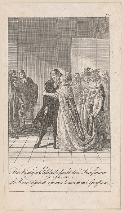 Königin Elisabeth dankt dem Kaufmann Gresham, Blatt 12 der Folge „Ältere, mittlere und neuere Geschichte“ von Daniel Nikolaus Chodowiecki