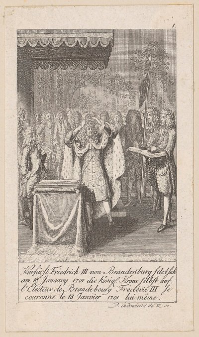 Kurfürst Friedrich III. von Brandenburg krönt sich selbst, Blatt 1 der Folge „Ältere, mittlere und neuere Geschichte“ von Daniel Nikolaus Chodowiecki