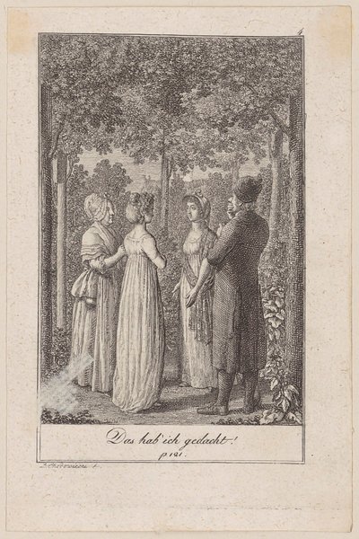 Lottchen besucht Minchen, die vom Treffen mit dem Gutsbesitzer erzählt, Blatt 4 der Folge "Der Ruf in die Stadt" von Daniel Nikolaus Chodowiecki