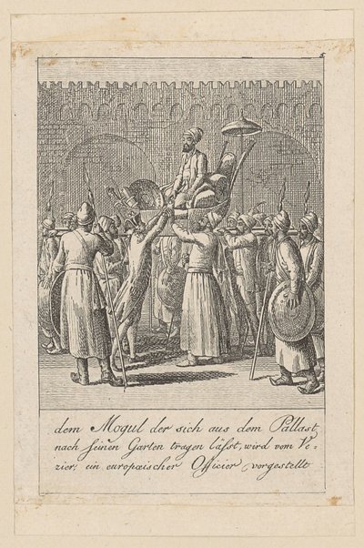 Mogul lässt sich aus dem Palast in den Garten tragen, Blatt 5 der Folge "Ostindische Gebräuche" von Daniel Nikolaus Chodowiecki