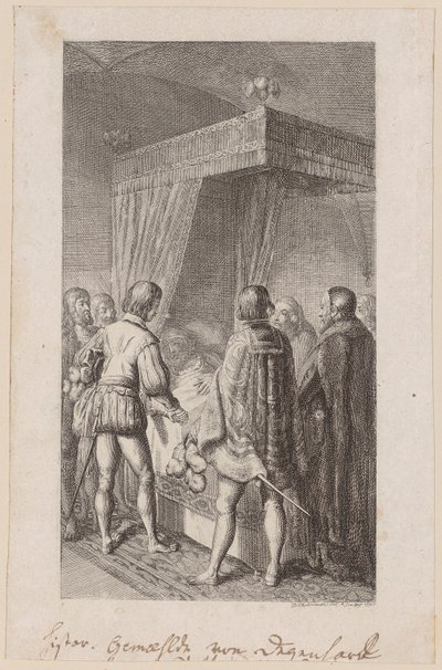 Otto der Erlauchte lässt sich auf seinem Sterbebett von seinem Sohn Heinrich versprechen, dass er nie nach der deutschen Krone streben werde von Daniel Nikolaus Chodowiecki