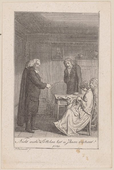Pfarrer von Morkendorf bringt Minchen in Verlegenheit, Blatt 5 der Folge „Der Ruf in die Stadt“ von Daniel Nikolaus Chodowiecki