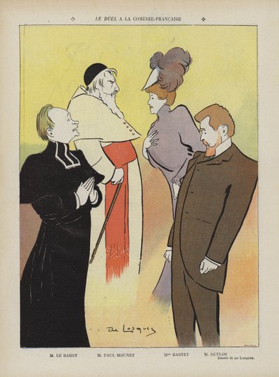 Aufführung des Stücks Le Duel an der Comédie-Française. Illustration für Le Rire von Daniel de Losques