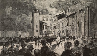 Brand der israelischen Schulen von 1893, Rom, Italien (Stich nach einer Zeichnung von Dante Paolocci) von Dante Paolocci