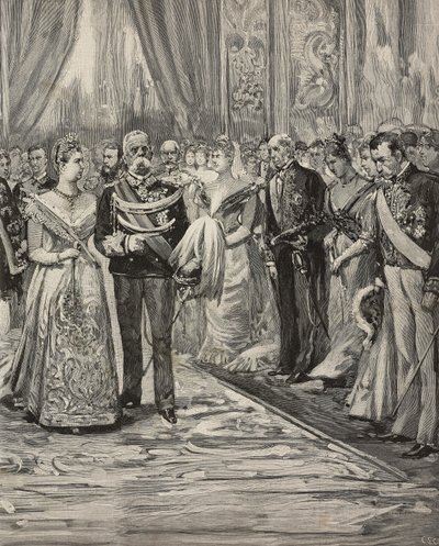 Umberto I. und Margherita von Savoyen bei einem Konzert anlässlich ihrer Silberhochzeit, Palazzo del Quirinale, Rom, Italien (Stich nach einer Zeichnung von Dante Paolocci) von Dante Paolocci