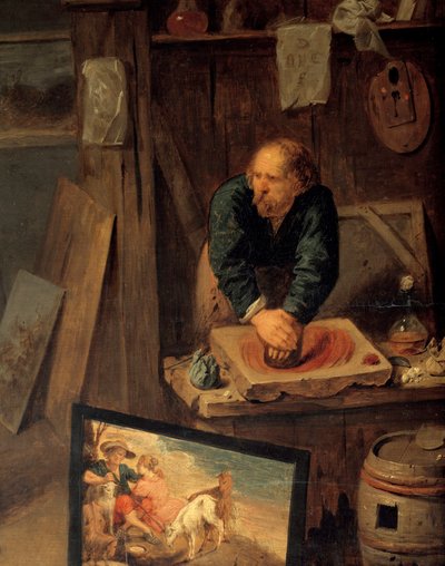 Malerwerkstatt mit Modell und Farbenschleifer (Detail). Gemälde von David III Ryckaert (1612-1661), flämische Schule von David III Ryckaert