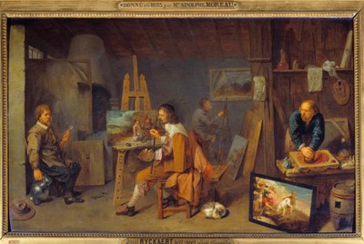 Werkstatt des Malers mit posierendem Modell und Farbenschleifer. Gemälde von David III Ryckaert (1612-1661), flämische Schule von David III Ryckaert