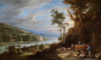 Landschaft mit Hirten und einer fernen Ansicht eines Schlosses von David Teniers II