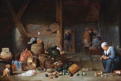 Eine Kücheninterieur mit einer Frau, die Gemüse zubereitet, Figuren im Gespräch dahinter von David the Younger (circle of) Teniers
