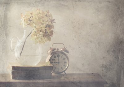 Getrocknete Blumen und alte Uhr von Delphine Devos