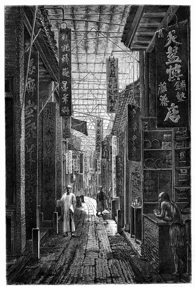 Ansicht der Pharmaziestraße in Guangzhou (Kanton). Gravur nach einer Zeichnung von Deroy, in „Le Tour du Monde, Nouveau journal des Voyages“, herausgegeben von Edouard Charton, Paris von Deroy (after)