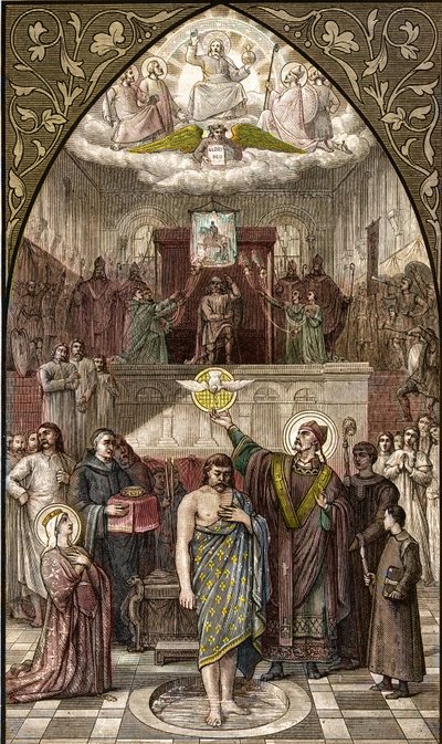 Der heilige Remigius tauft Chlodwig in Reims - Die Taufe des Königs der Franken Chlodwig I. (466-511) in Reims durch den Bischof Saint Remi am 25. Dezember 496 (oder 499) - Gravur nach dem Gemälde von Désiré François Laugée von Desire Francois Laugee