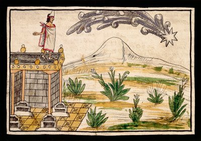 Montezuma beobachtet den Kometen, Miniatur aus der Geschichte der Indios von Diego Duran