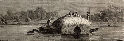 Schneiden, Ernten und Transportieren von Futter am Ufer der Donau. Zeichnung von Lancelot, zur Illustration seiner Reise von Paris nach Bukarest im Jahr 1860. Gravur in „Le tour du monde“, herausgegeben von Edouard Charton von Dieudonne Auguste Lancelot