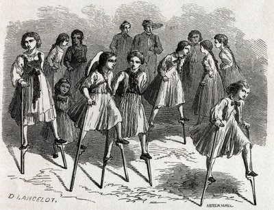 Das Spiel der Stelzen in Ulm, entworfen von Lancelot, zur Illustration der Reise von Victor Duruy von Paris nach Bukarest im Jahr 1860. Gravur in „Le tour du monde“, herausgegeben von Edouard Charton von Dieudonne Auguste Lancelot