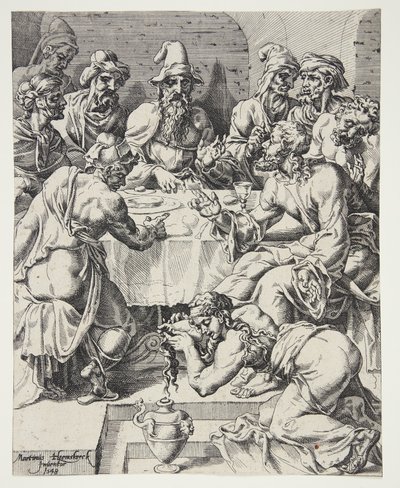 Maria Magdalena wischt Christus die Füße im Haus des Simon, des Pharisäers von Dirck Volckertsz. Coornhert