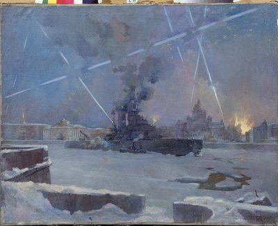 Die schwere Artillerie auf der Newa in Leningrad (Sankt Petersburg, Russland) im Jahr 1942. (Ein Panzer auf dem gefrorenen Fluss verteidigt die brennende Stadt gegen Luftangriffe während der Belagerung von Leningrad). Episode des Zweiten Weltkriegs (1939-1 von Dmitri Nikiforovich Martynov