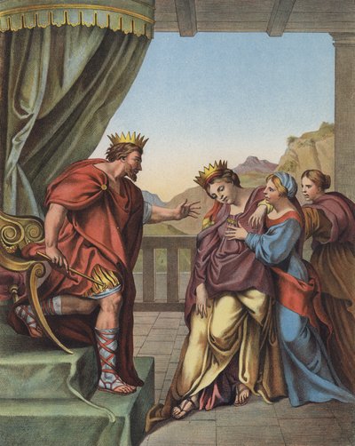König Ahasverus verspricht Esther, ihr jeden Wunsch zu erfüllen von Domenichino