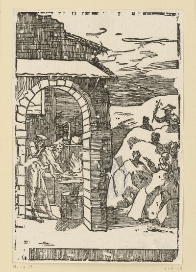 Der Ruf der Metalle. Hephaistos (Vulkan) und ein Gelehrter stehen am Feuer einer Schmiede, während draußen in den Felsen die Götter (als Repräsentanten der Metalle) versteckt sind: Saturn (Blei), Jupiter (Zinn), Venus (Kupfer), Luna (Silber), Merkur (Queck von Domenico Beccafumi