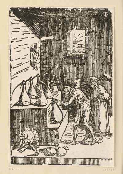 Die Destillation durch den Chemiker oder Alchemisten. Aus der Folge "De re metallica" von Domenico Beccafumi