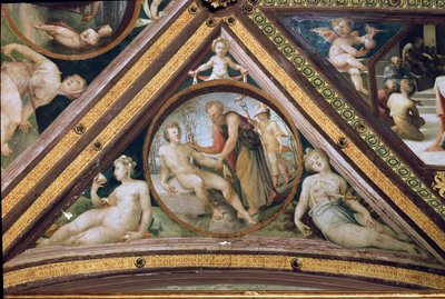 Prometheus erschafft den Menschen unter dem Blick von Merkur, der einen Helm und geflügelte Sandalen trägt (Fresko) von Domenico Beccafumi