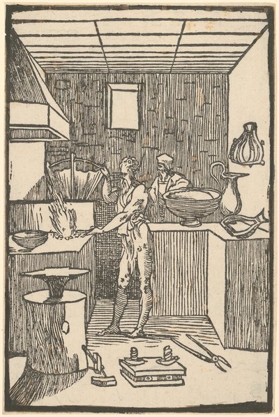 Vulkan an der Esse bei der Herstellung kleiner Geräte, Blatt 8 der Folge "De la Pirotechnia" von Domenico Beccafumi