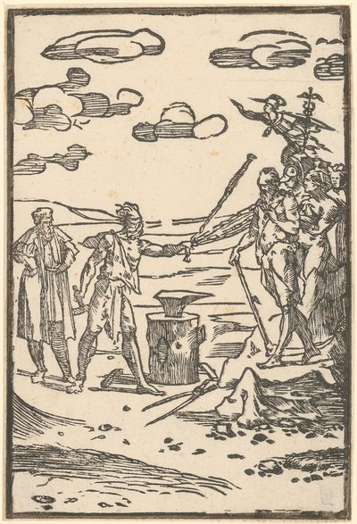 Vulkan führt die Metalle zum Ort ihrer Verarbeitung, Blatt 5 der Folge "De la Pirotechnia" von Domenico Beccafumi