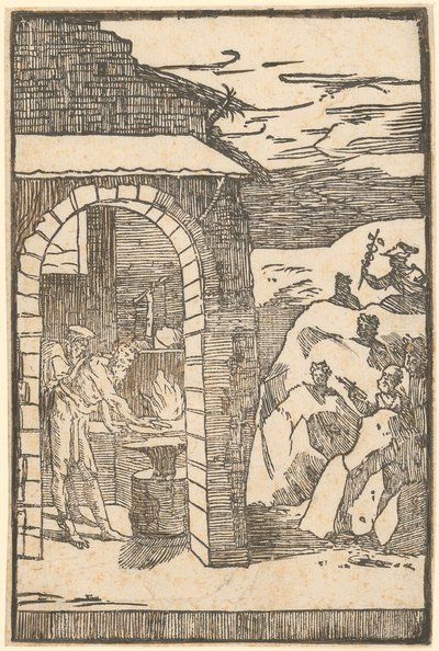 Vulkan und der Philosoph (Teoria) arbeiten in der Schmiede, während draußen die Metalle sich in den Felsen verstecken, Blatt 1 der Folge "De la Pirotechnia" von Domenico Beccafumi