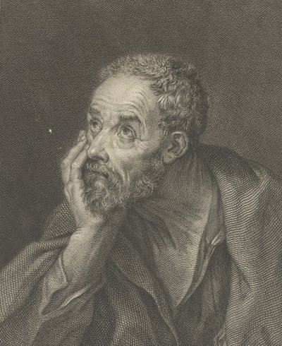 Ein alter bärtiger Mann, der seinen Kopf auf seine rechte Hand stützt und nach links oben schaut, nach..., 1775 von Domenico Cunego