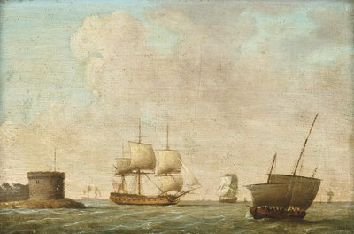 Fregatte passiert einen überfüllten Lugger von Dominic (attributed to) Serres