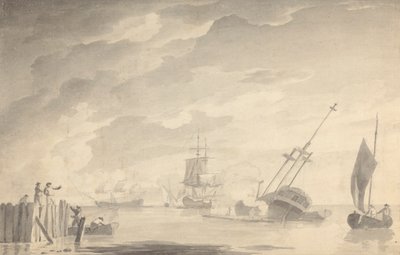 Kampfszene, drei Schlachtschiffe, eines sinkt; Figuren links in Ruderboot und auf Steg stehend von Dominic Serres