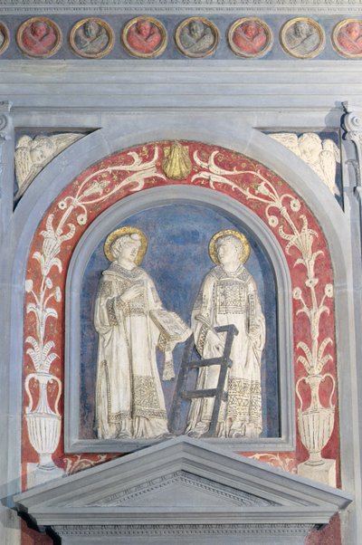Heiliger Laurentius und Heiliger Stephanus, Flachreliefskulptur über der Nordtür, ca. 1440 von Donatello