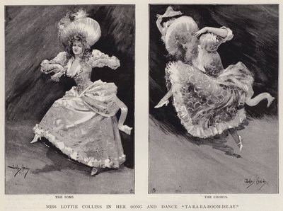 Englische Music-Hall-Sängerin und Tänzerin Lottie Collins, die ihr beliebtes Lied Ta-Ra-Ra-Boom-De-Ay aufführt von Dudley Hardy